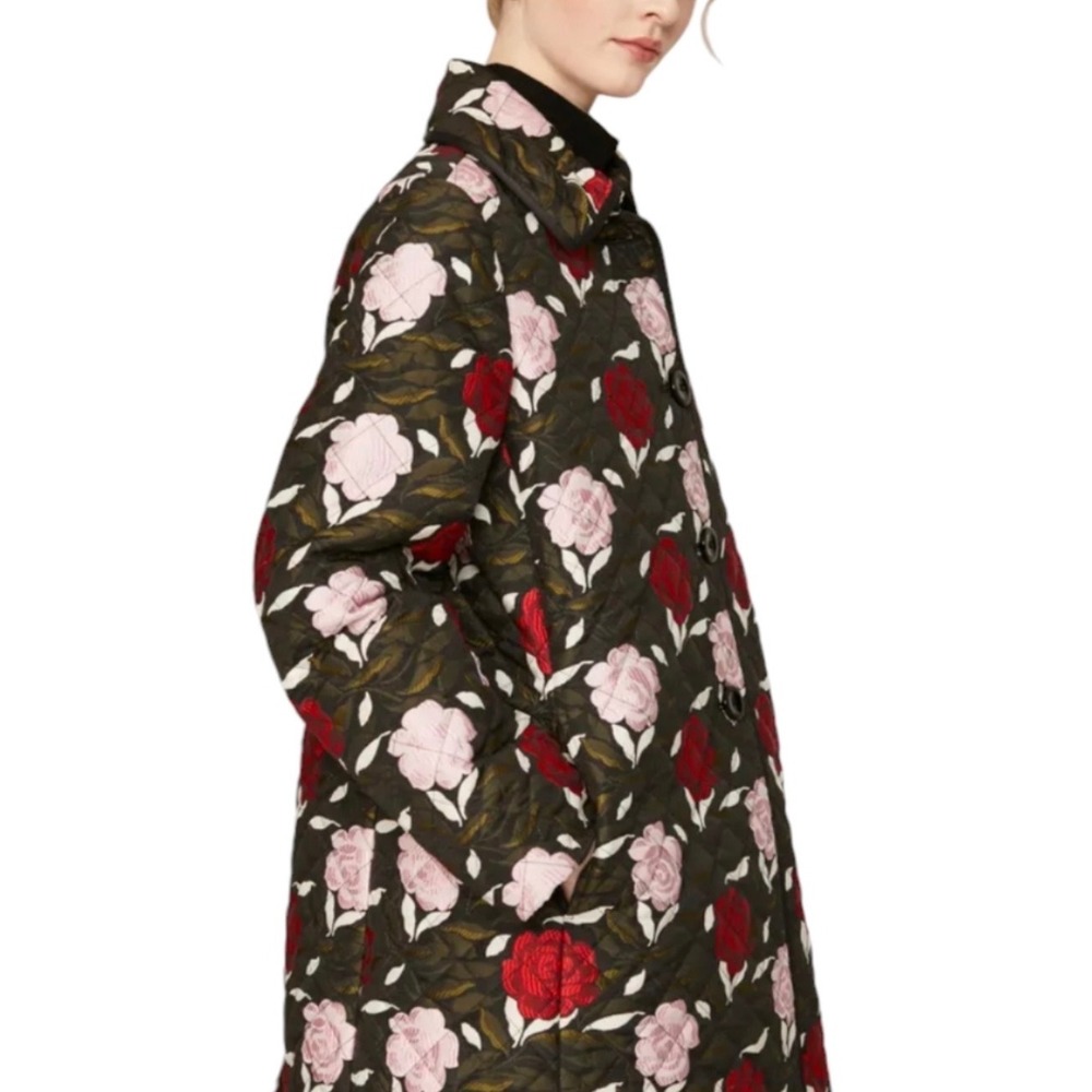Kate Spade New York Sz XL Quilted Floral Rose Jacket Coat Black Pink Red - Picture 10 of 16